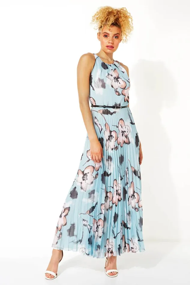 Women Mint Floral Halter Neck Pleated Maxi Dress Roman Dresses