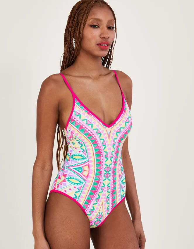 Women Mosaic Print Swimsuit With Recycled Polyester Pink Monsoon Beachwear and Swimwear