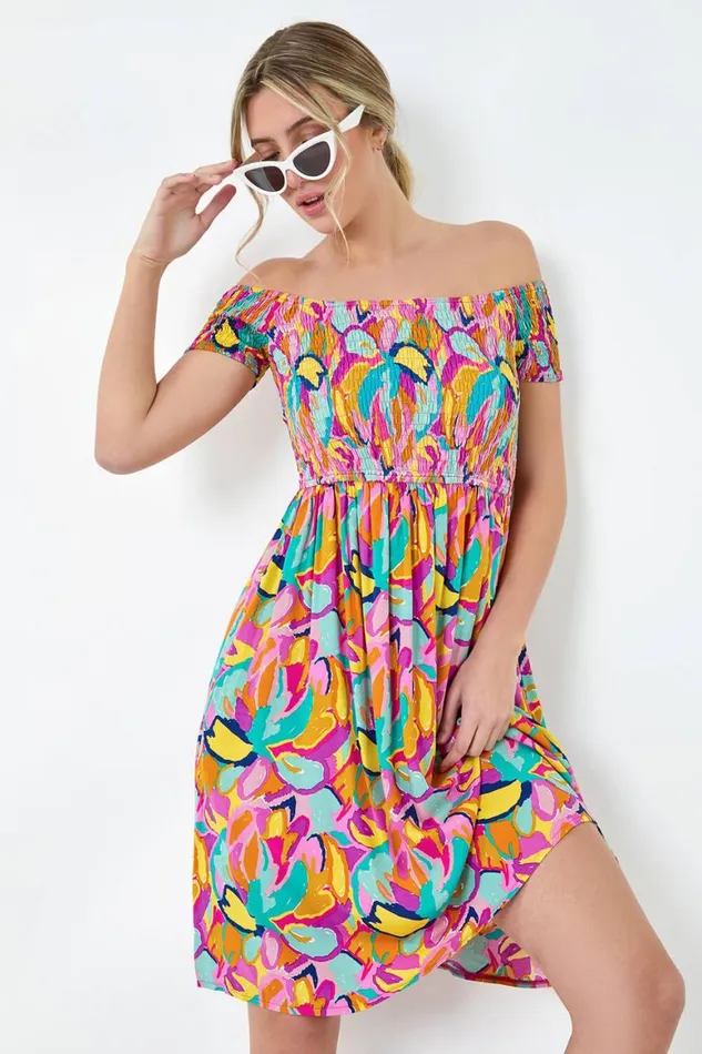 Women Multi Abstract Shirred Bardot Pocket Dress Roman Dresses