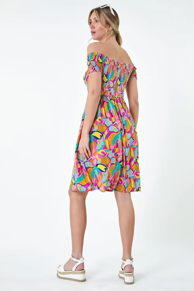 Women Multi Abstract Shirred Bardot Pocket Dress Roman Dresses