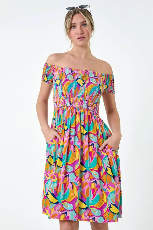 Women Multi Abstract Shirred Bardot Pocket Dress Roman Dresses
