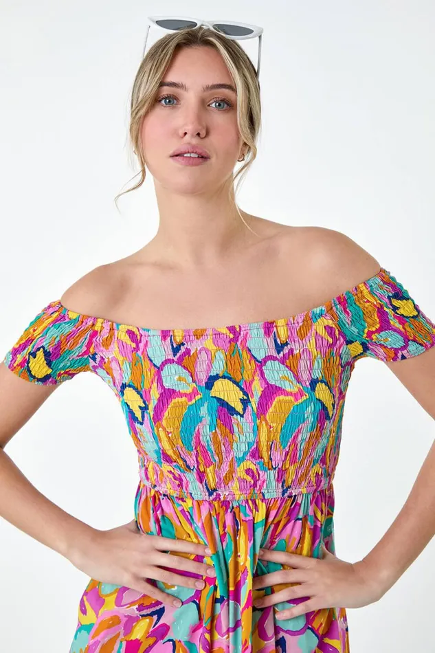 Women Multi Abstract Shirred Bardot Pocket Dress Roman Dresses