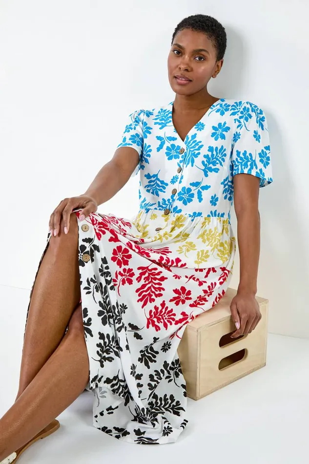 Women Multi Colourblock Floral Button Tiered Dress Roman Dresses