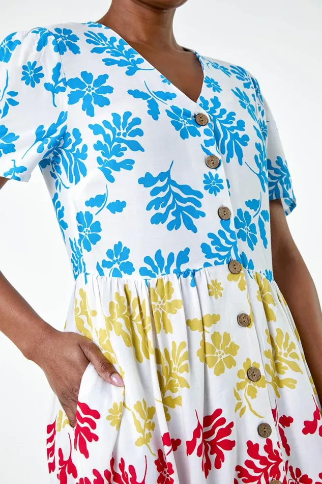 Women Multi Colourblock Floral Button Tiered Dress Roman Dresses