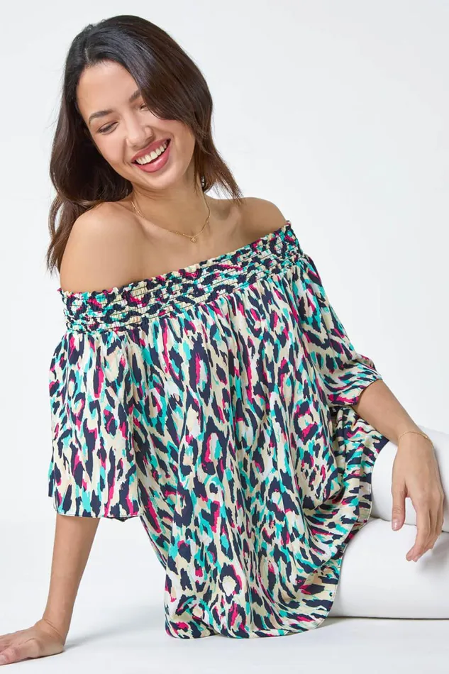 Women Multi Contrast Animal Print Bardot Top Roman Tops