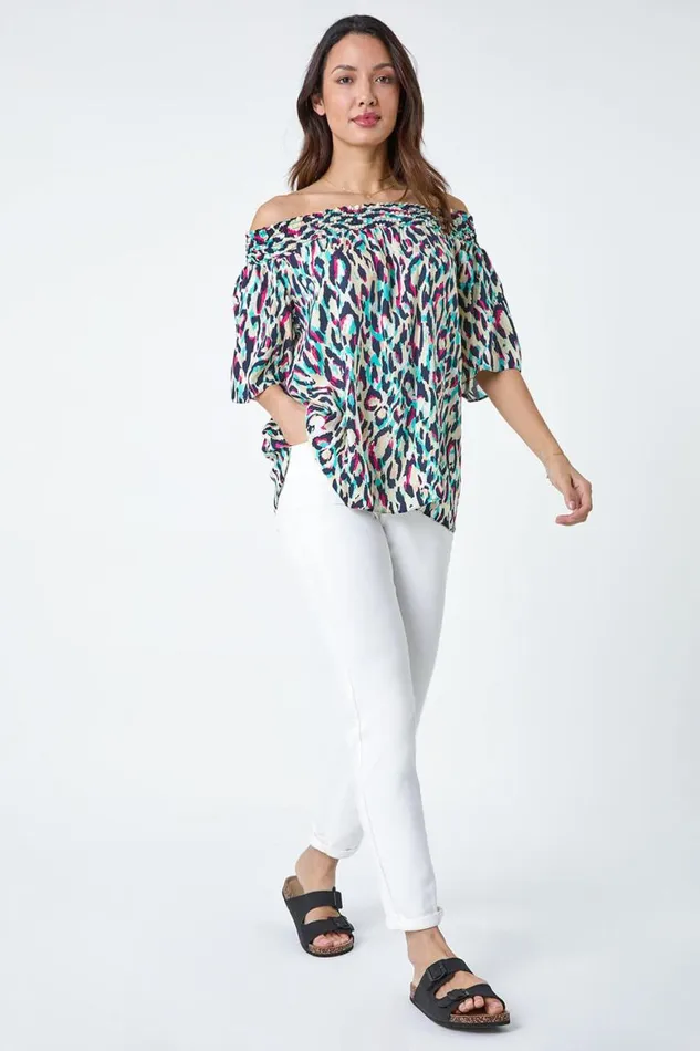 Women Multi Contrast Animal Print Bardot Top Roman Tops