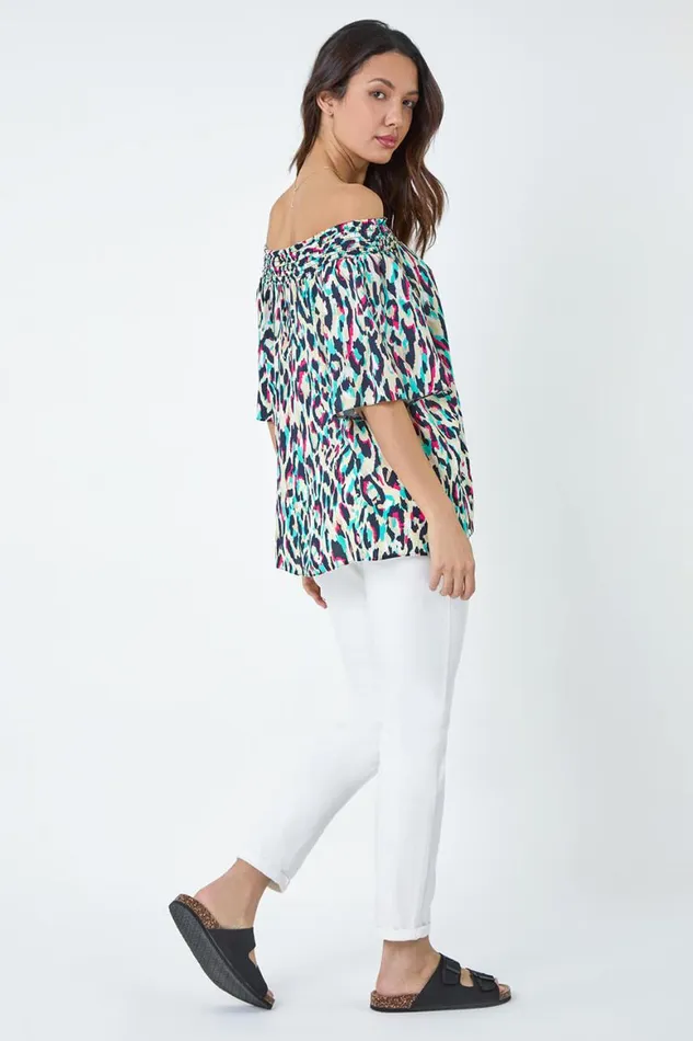 Women Multi Contrast Animal Print Bardot Top Roman Tops