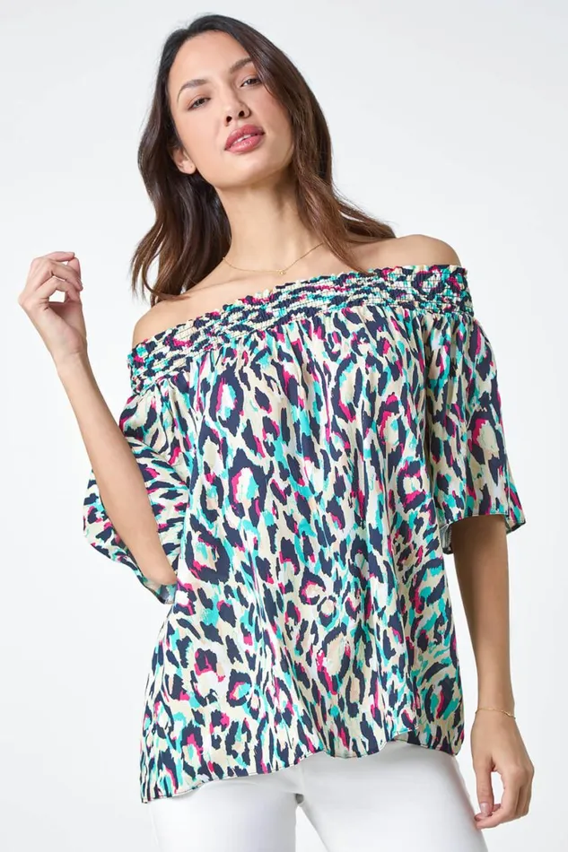Women Multi Contrast Animal Print Bardot Top Roman Tops