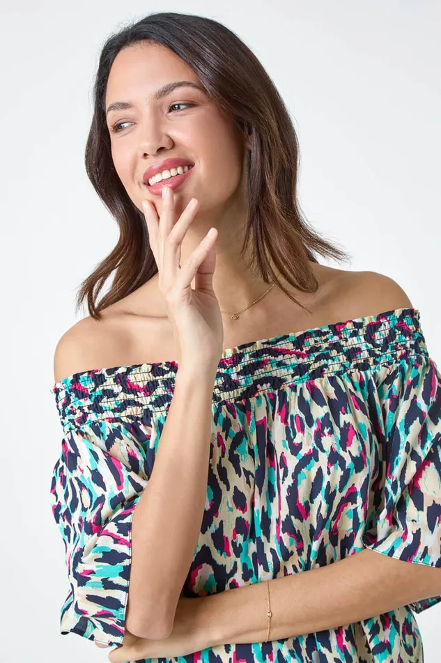 Women Multi Contrast Animal Print Bardot Top Roman Tops
