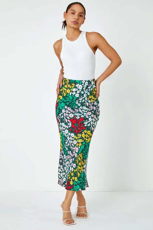 Women Multi Contrast Floral Elastic Waist Midi Skirt Roman Skirts