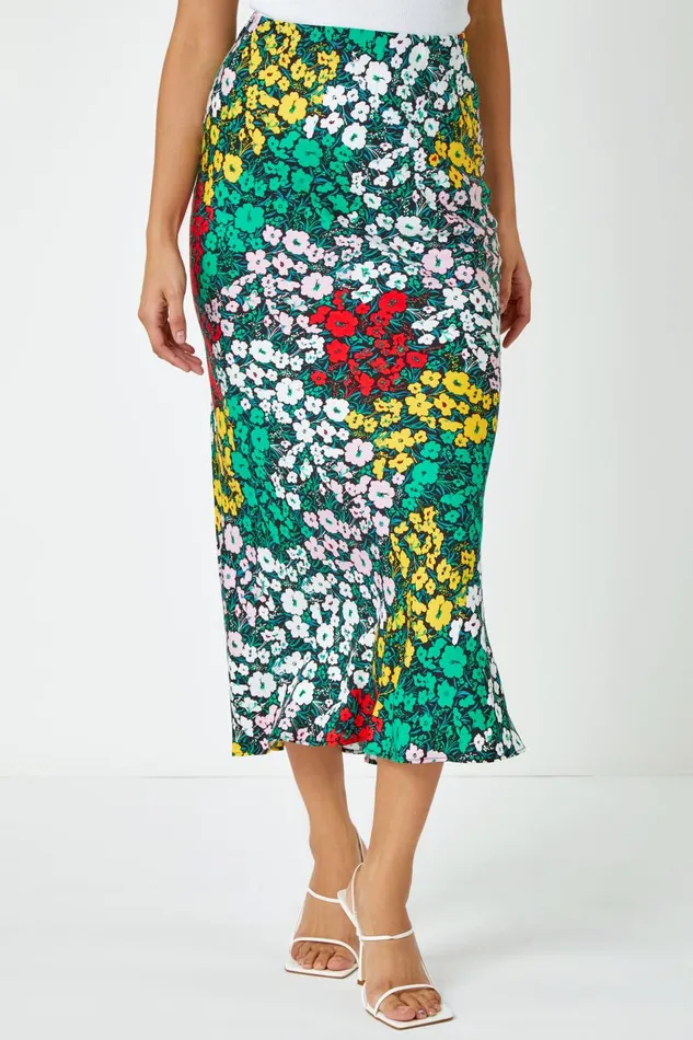 Women Multi Contrast Floral Elastic Waist Midi Skirt Roman Skirts