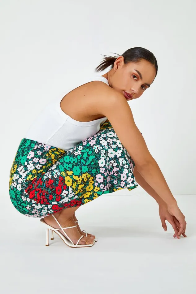 Women Multi Contrast Floral Elastic Waist Midi Skirt Roman Skirts