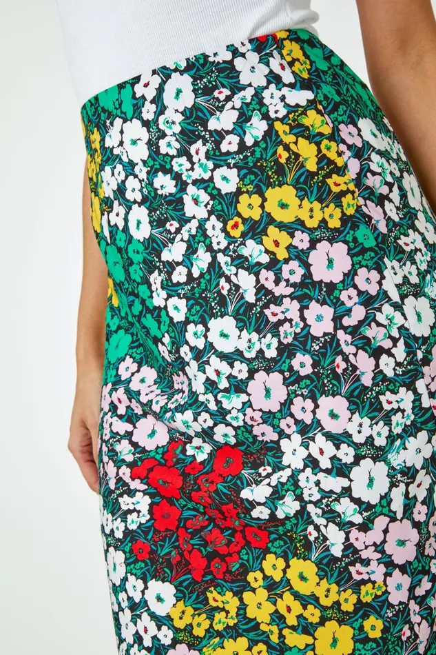 Women Multi Contrast Floral Elastic Waist Midi Skirt Roman Skirts