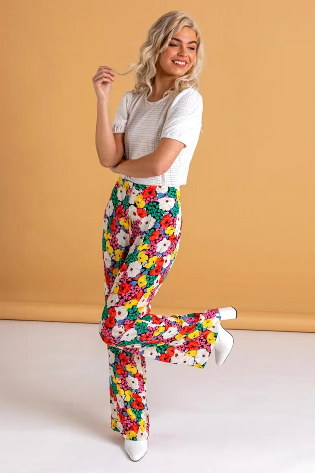 Women Multi Contrast Floral Wide Leg Trouser Roman Trousers