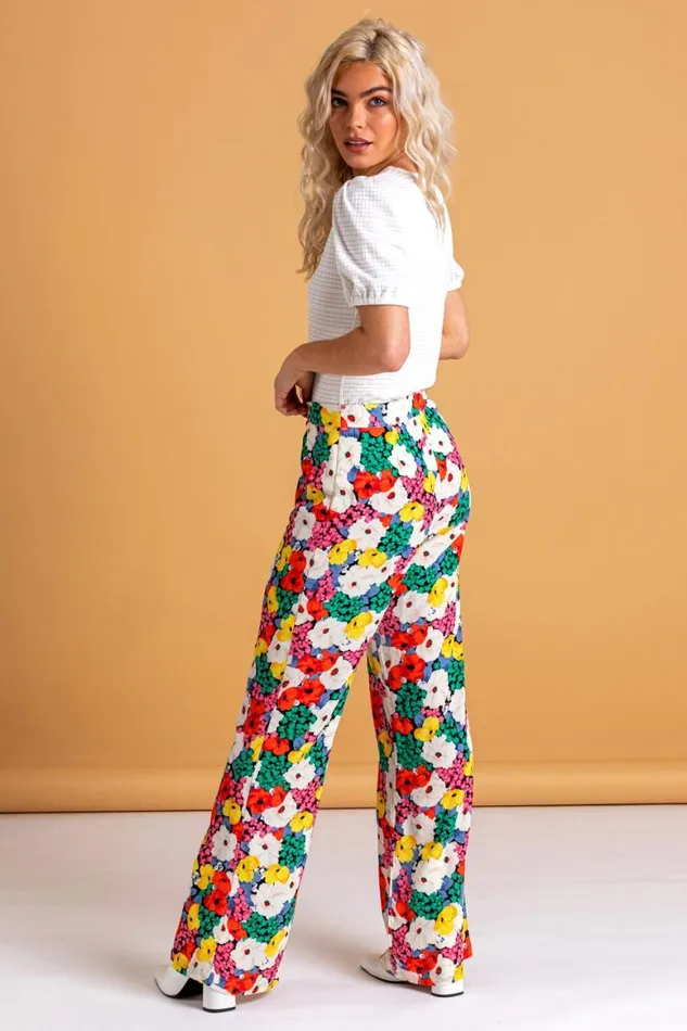 Women Multi Contrast Floral Wide Leg Trouser Roman Trousers