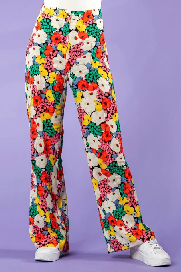 Women Multi Contrast Floral Wide Leg Trouser Roman Trousers