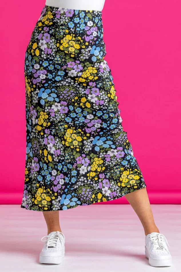Women Multi Floral Print Jersey Skirt Roman Skirts