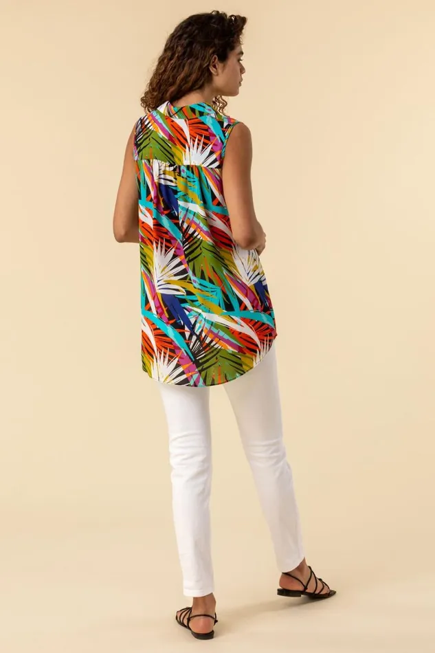 Women Multi Palm Print Button Detail Tunic Top Roman Tops