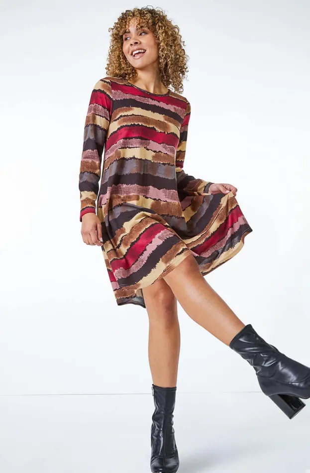 Women Multi Petite Stripe Mini Swing Dress Roman Dresses