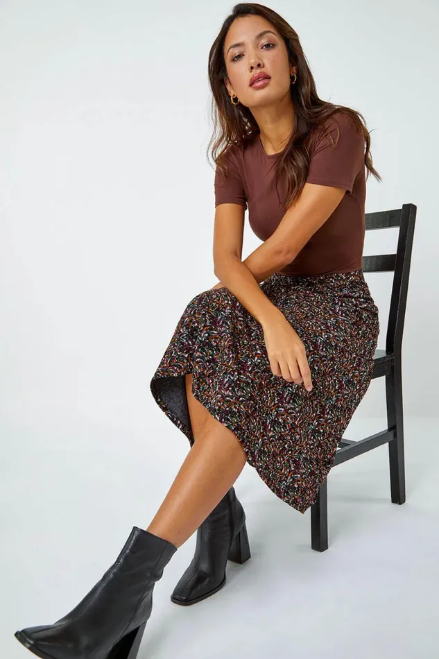 Women Multi Textured Abstract Print Stretch A Line Skirt Roman Skirts