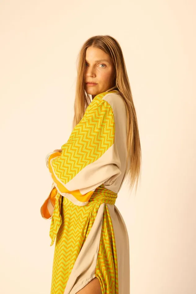 Women Natalie Martin Dresses Marin Dress With Sash Block Zigzag Tangerine