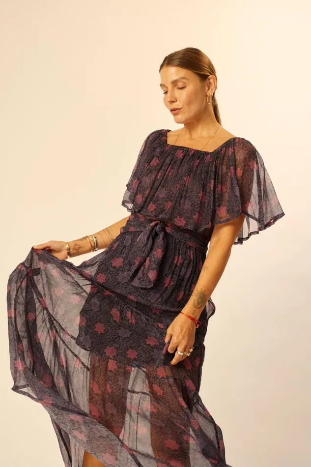 Women Natalie Martin Dresses Naomi Dress With Sash Snowflake Aubergine