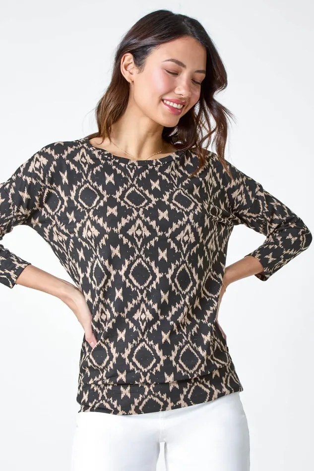 Women Natural Abstract Print Stretch Blouson Top Roman Tops