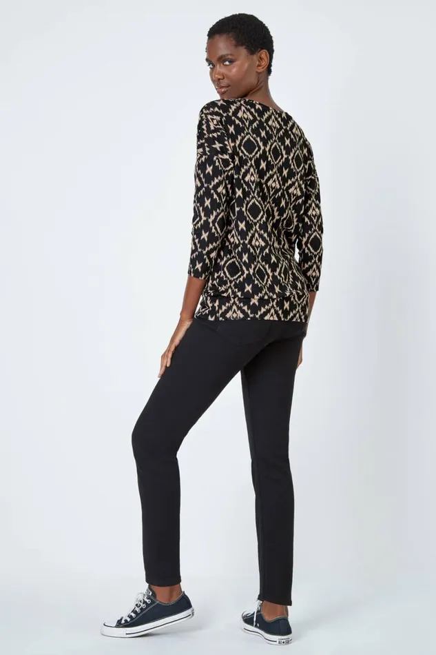 Women Natural Abstract Print Stretch Blouson Top Roman Tops