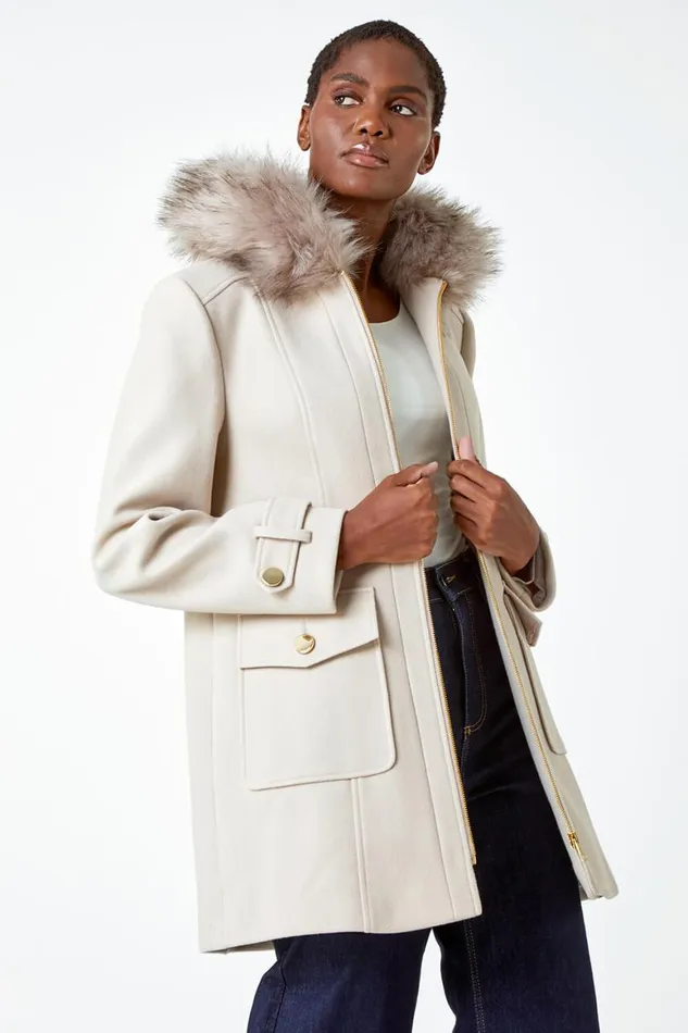 Women Natural Faux Fur Collar Smart Coat Roman Coats