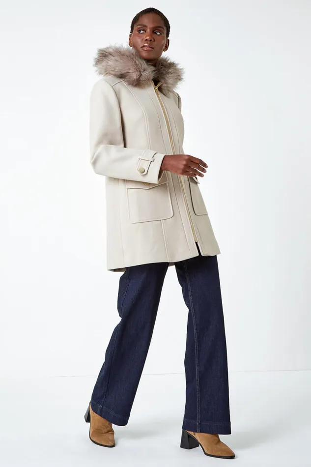Women Natural Faux Fur Collar Smart Coat Roman Coats