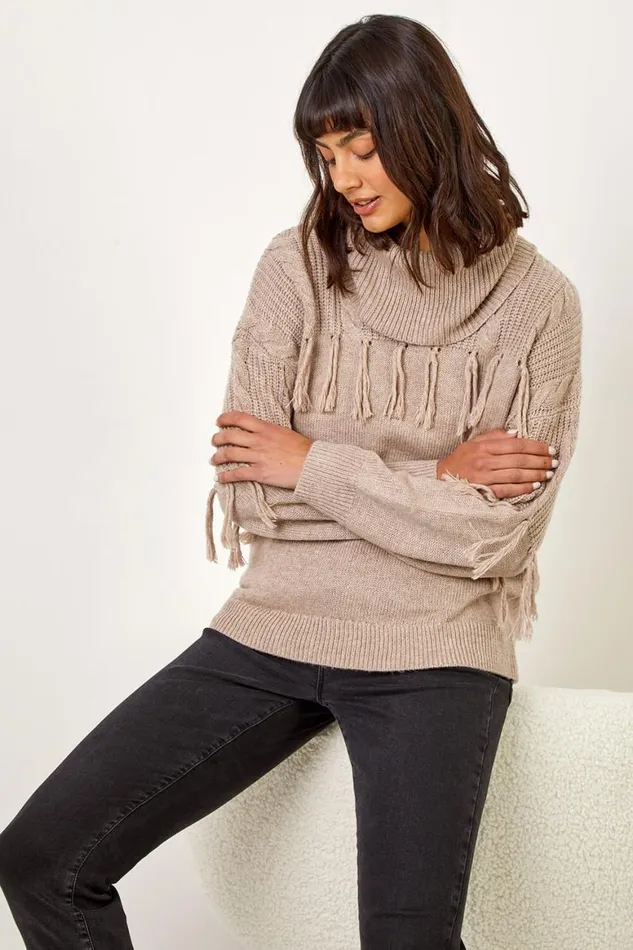 Women Natural Fringe Detail Roll Neck Longline Jumper Roman Knitwear