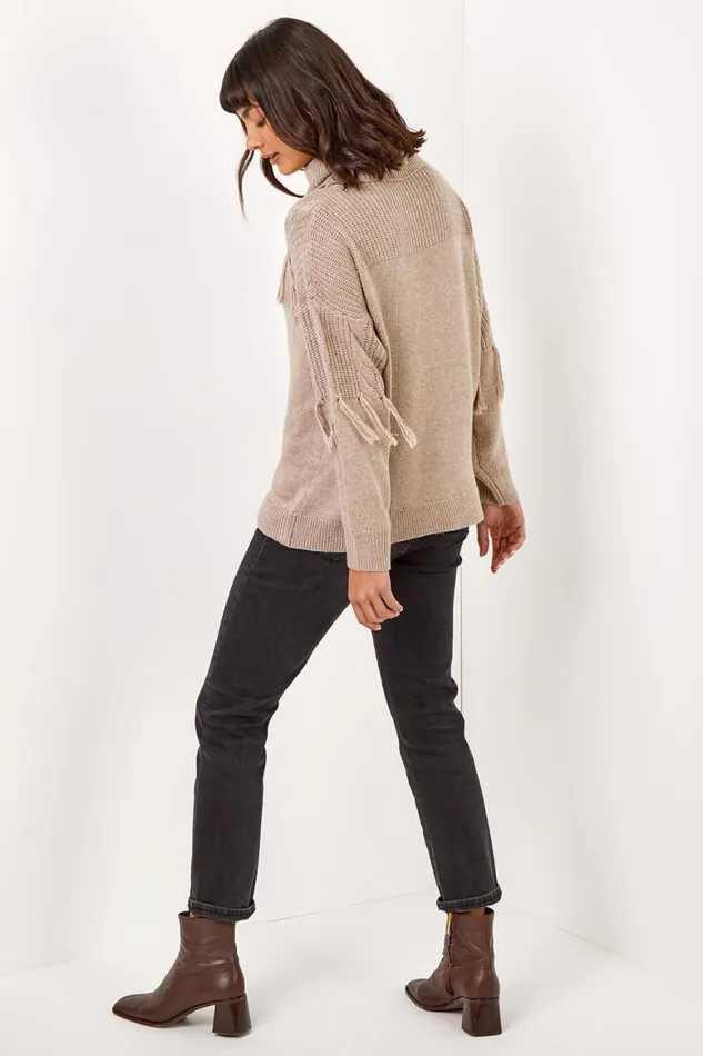 Women Natural Fringe Detail Roll Neck Longline Jumper Roman Knitwear