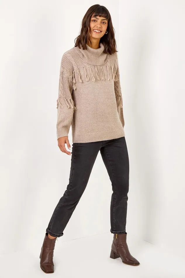 Women Natural Fringe Detail Roll Neck Longline Jumper Roman Knitwear
