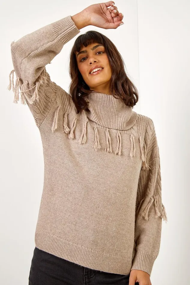 Women Natural Fringe Detail Roll Neck Longline Jumper Roman Knitwear