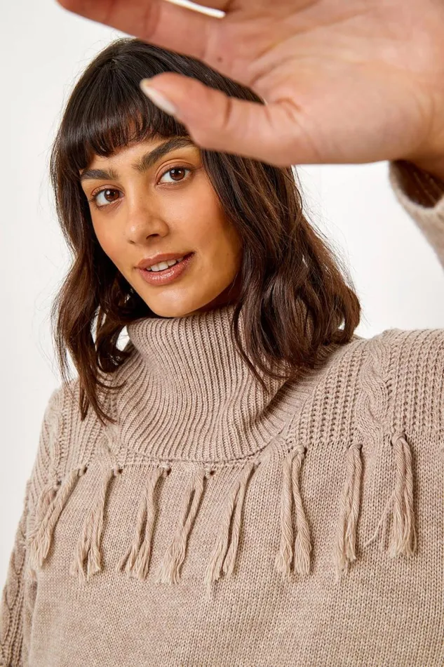 Women Natural Fringe Detail Roll Neck Longline Jumper Roman Knitwear