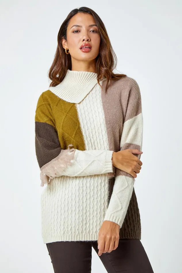 Women Natural Longline Colour Block Textured Fringe Jumper Roman Knitwear