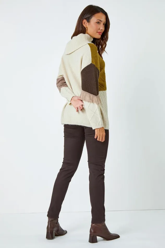 Women Natural Longline Colour Block Textured Fringe Jumper Roman Knitwear