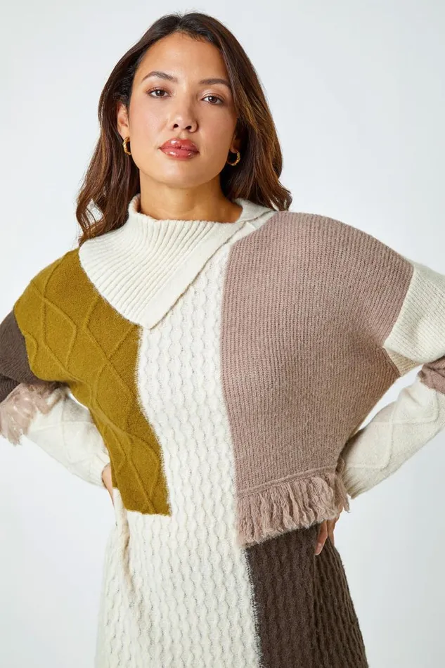 Women Natural Longline Colour Block Textured Fringe Jumper Roman Knitwear