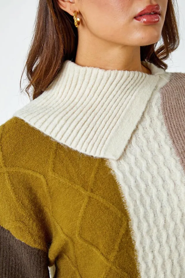 Women Natural Longline Colour Block Textured Fringe Jumper Roman Knitwear