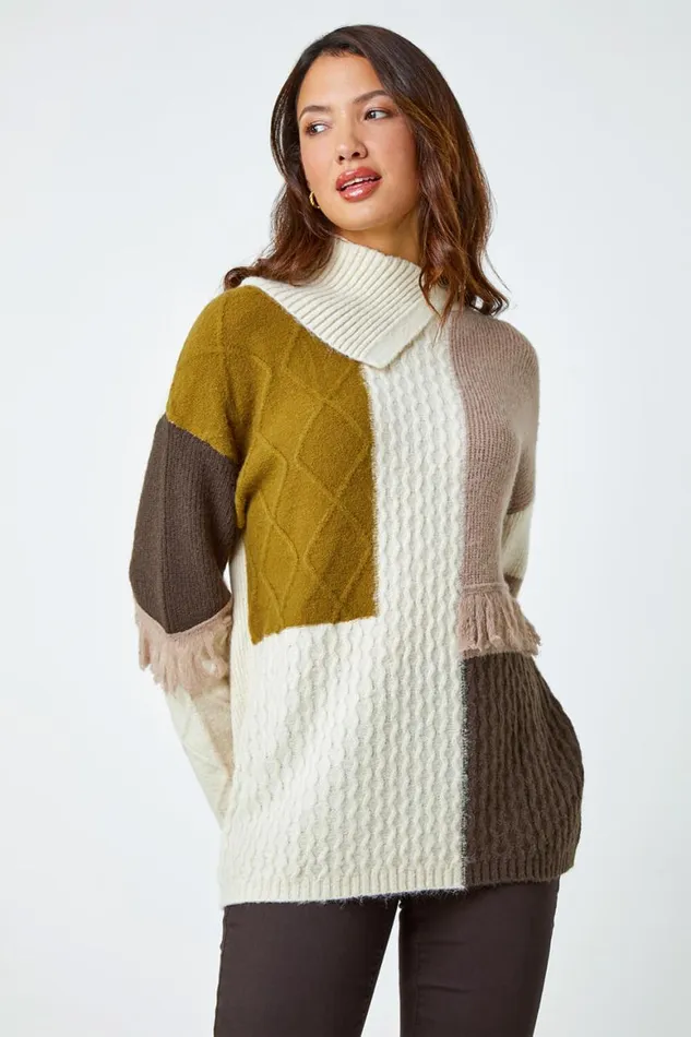 Women Natural Longline Colour Block Textured Fringe Jumper Roman Knitwear