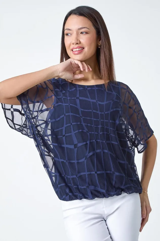 Women Navy Abstract Check Print Blouson Top Roman Tops