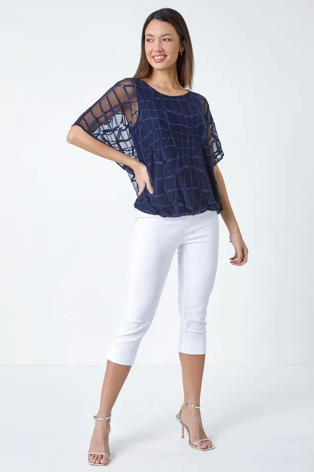 Women Navy Abstract Check Print Blouson Top Roman Tops