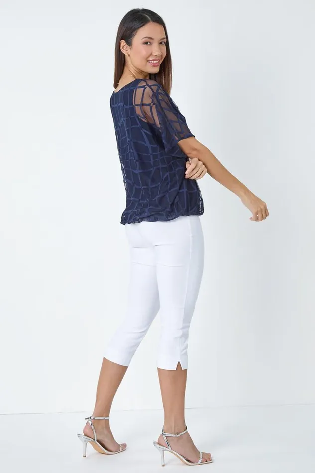 Women Navy Abstract Check Print Blouson Top Roman Tops
