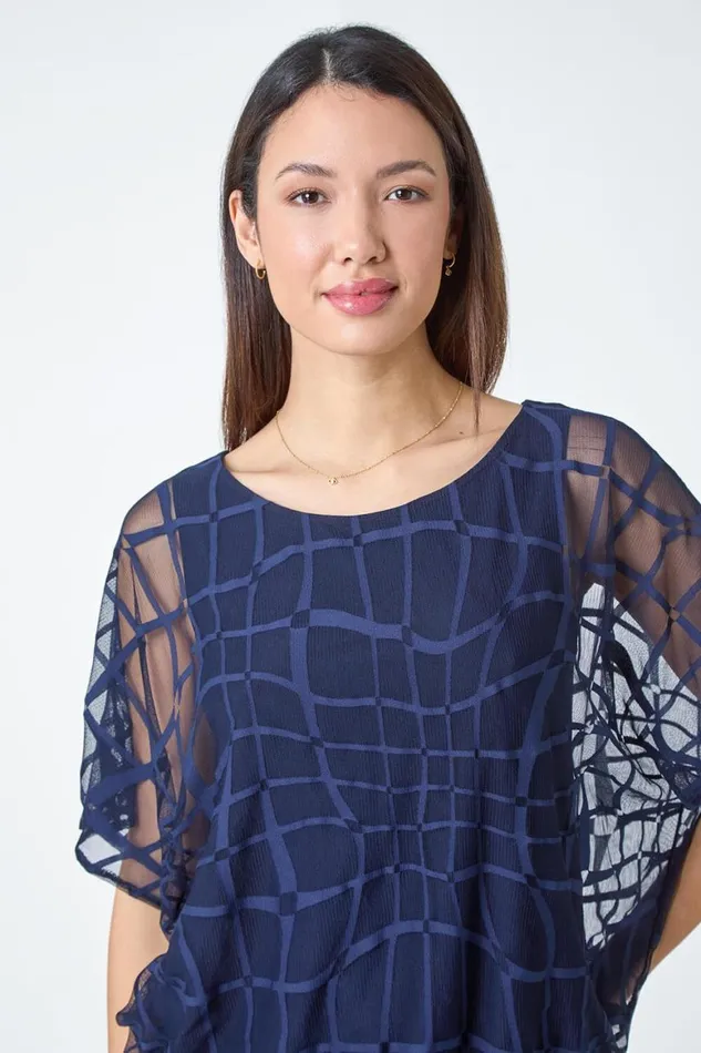 Women Navy Abstract Check Print Blouson Top Roman Tops