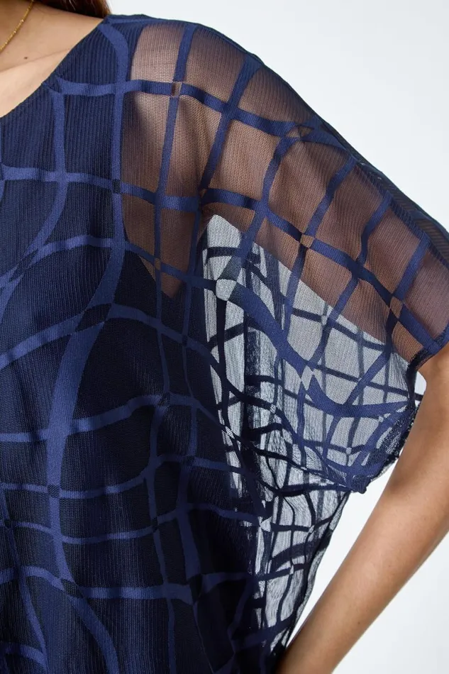 Women Navy Abstract Check Print Blouson Top Roman Tops