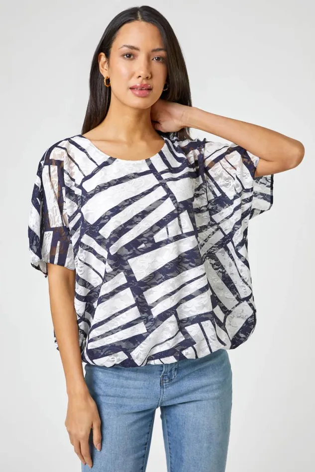 Women Navy Abstract Print Stretch Jersey Top Roman Tops