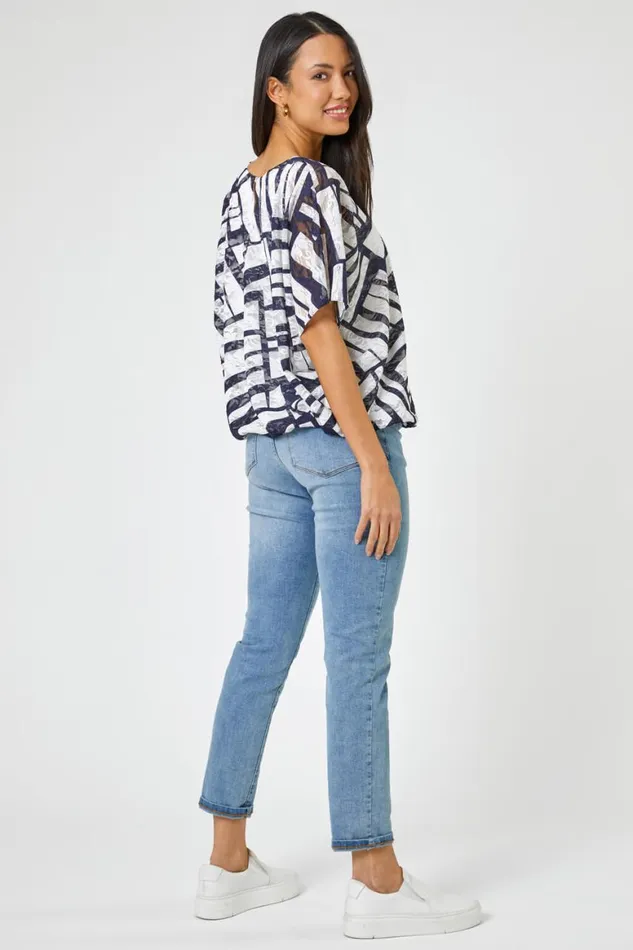 Women Navy Abstract Print Stretch Jersey Top Roman Tops