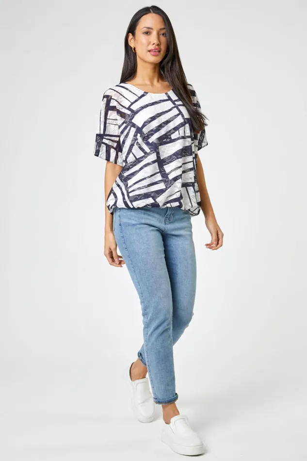 Women Navy Abstract Print Stretch Jersey Top Roman Tops