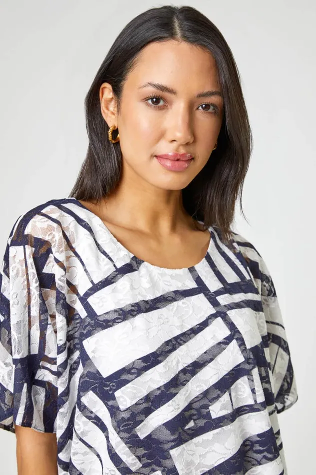 Women Navy Abstract Print Stretch Jersey Top Roman Tops