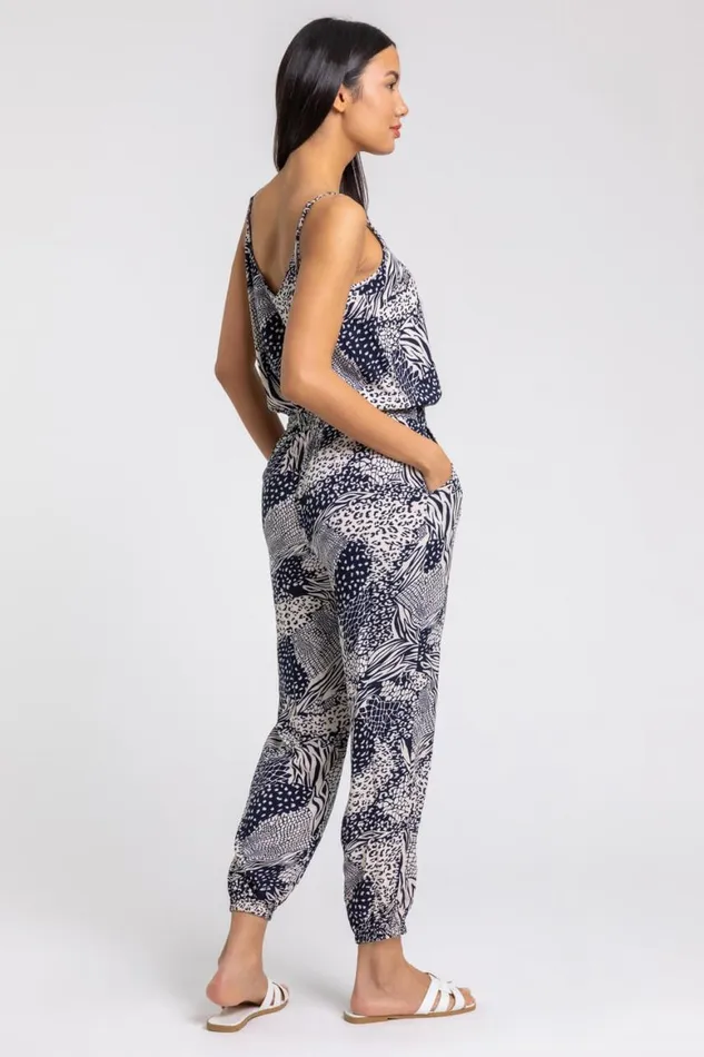 Women Navy Animal Print Shirred Cuff Jumpsuit Roman Dresses